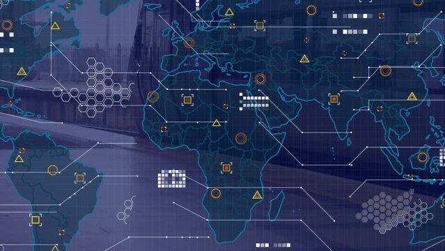 Animation of data and world, map over train in station