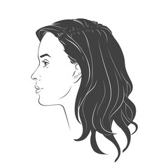 Woman face. Young beautiful girl with curly long wavy hair curls. Volume, haircut, hairdressing, hairstyle. Care and beauty. Vector Black and white line sketch illustration portrait.
