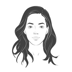 Woman face. Young beautiful girl with curly long wavy hair curls. Volume, haircut, hairdressing, hairstyle. Care and beauty. Vector Black and white line sketch illustration portrait.
