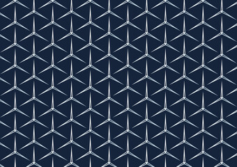 Hexagonal grid. Honeycomb wallpaper. Three pronged star blocks. Angle brackets Repeated black interlocking broken hexagons contours on black blue background.