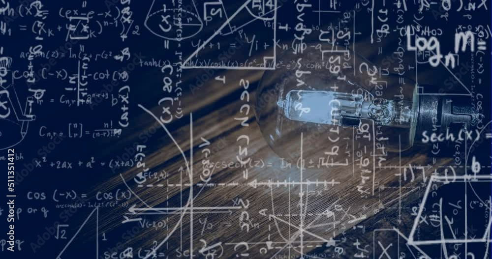 Poster animation of math graphs floating over brown and black background