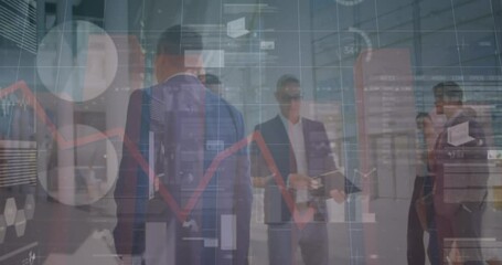 Animation of financial data and graphs over diverse businesspeople walking in office