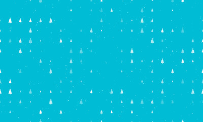 Naklejka na ściany i meble Seamless background pattern of evenly spaced white Christmas trees of different sizes and opacity. Vector illustration on cyan background with stars