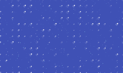 Seamless background pattern of evenly spaced white satellite symbols of different sizes and opacity. Vector illustration on indigo background with stars