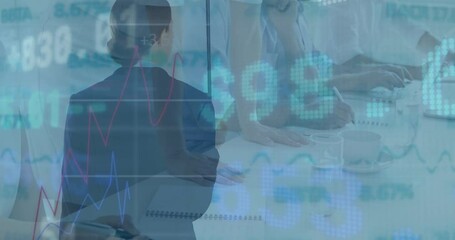 Animation of financial data and graphs over back view of businesswoman with umbrella - Powered by Adobe