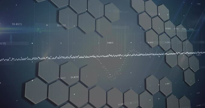 Animation of financial data and hexagons on grey background