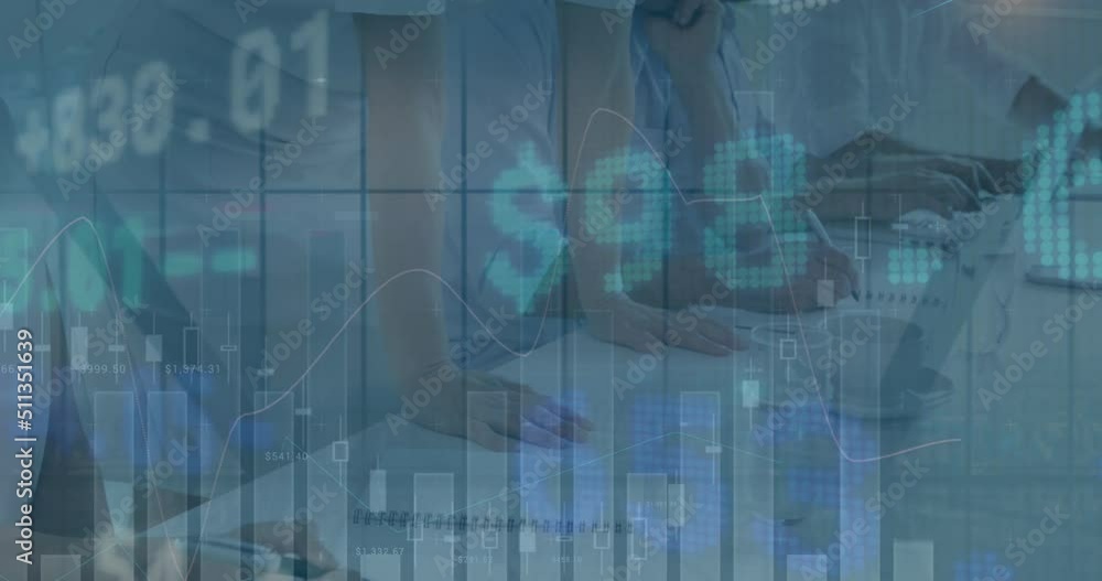 Poster animation of financial data and graphs over midsection of diverse businesspeople working in office