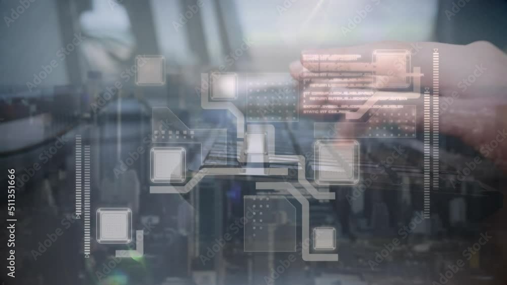 Poster animation of integrated circuit over hands of caucasian boy using computer at school and smiling