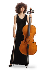 Young woman in a black dress with a contrabass