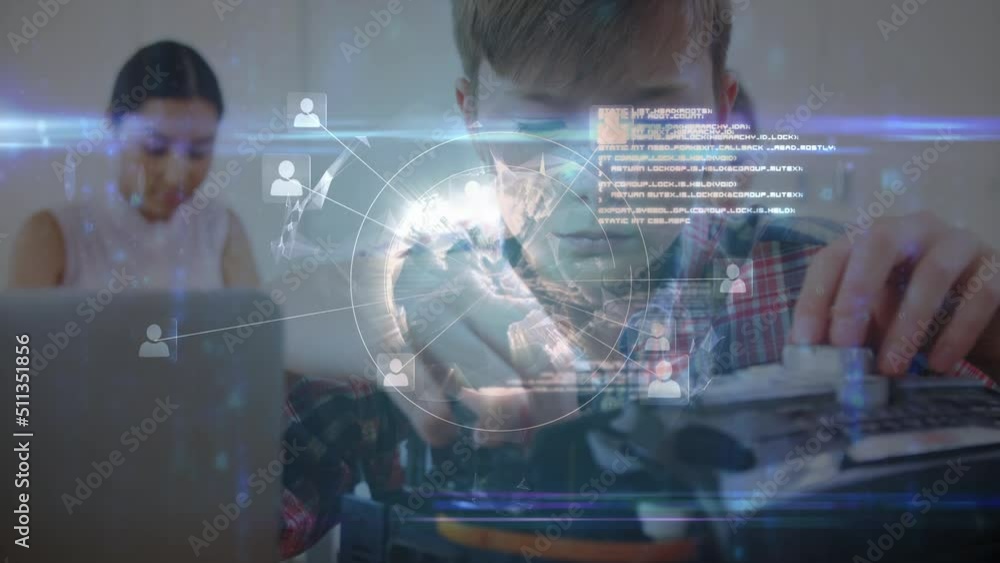 Aufkleber animation of connections with globe over caucasian boy using computer at school