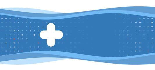 Blue wavy banner with a white quatrefoil symbol on the left. On the background there are small white shapes, some are highlighted in red. There is an empty space for text on the right side