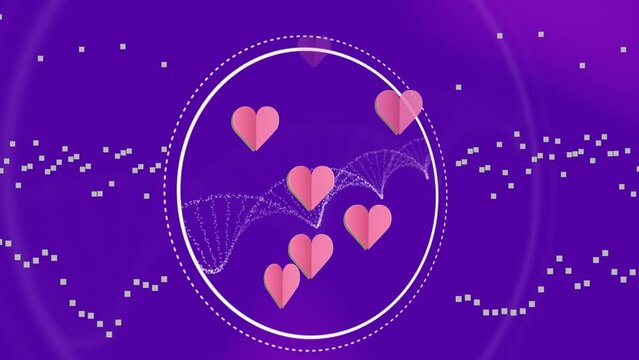 Animation of hearts, dna and graphs on violet background