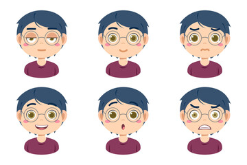 Collection of face expressions cute children cartoon character design. Different emotions boy Vector illustration. Face of smiling, crying, anger, surprise, indifferent isolated on white background.