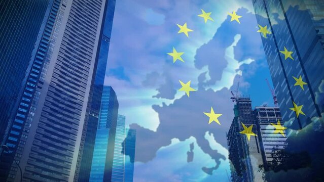 Animation of european union flag and map over cityscape