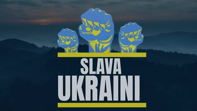 Animation of slava ukraini over landscape at sunset