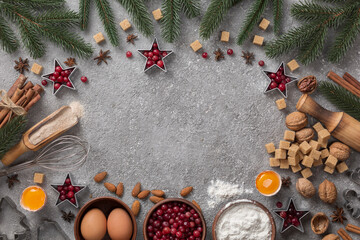 Fototapeta na wymiar Ingredients for Christmas and New Year 2022 baking with copy space.