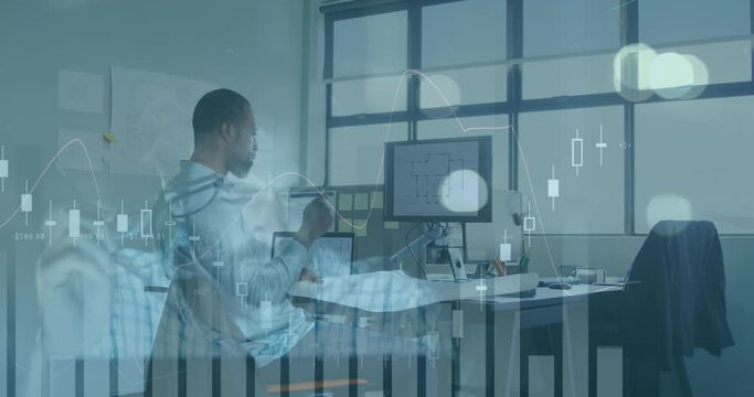 Animation of financial data processing over african american man