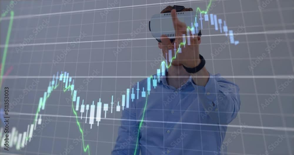 Poster animation of financial data processing over caucasian man using vr headset