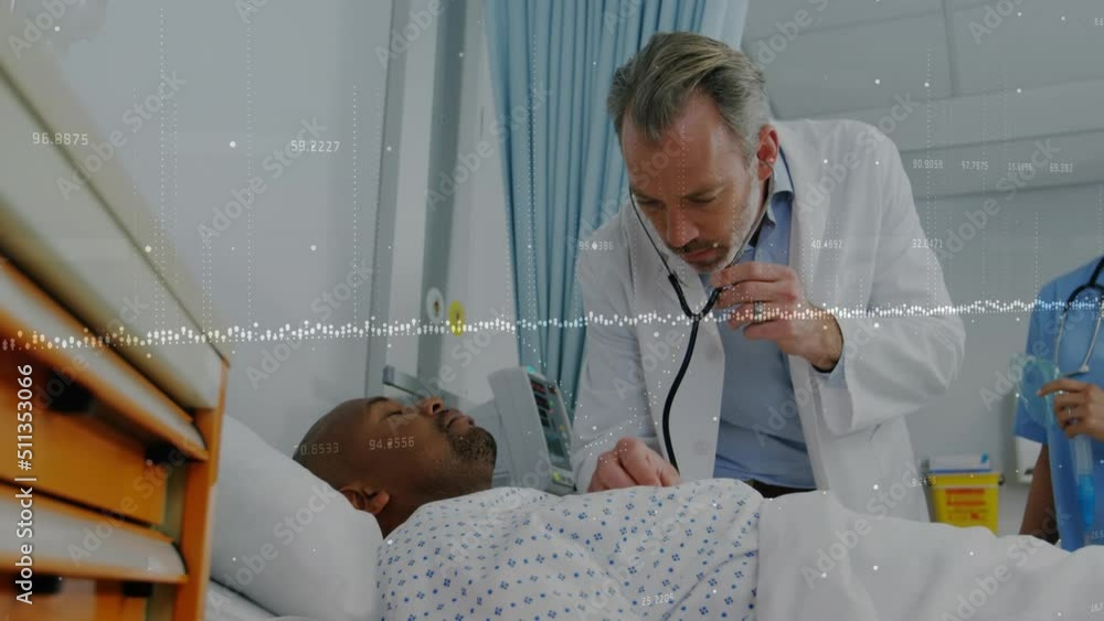 Poster animation of data processing over two diverse doctors with patient