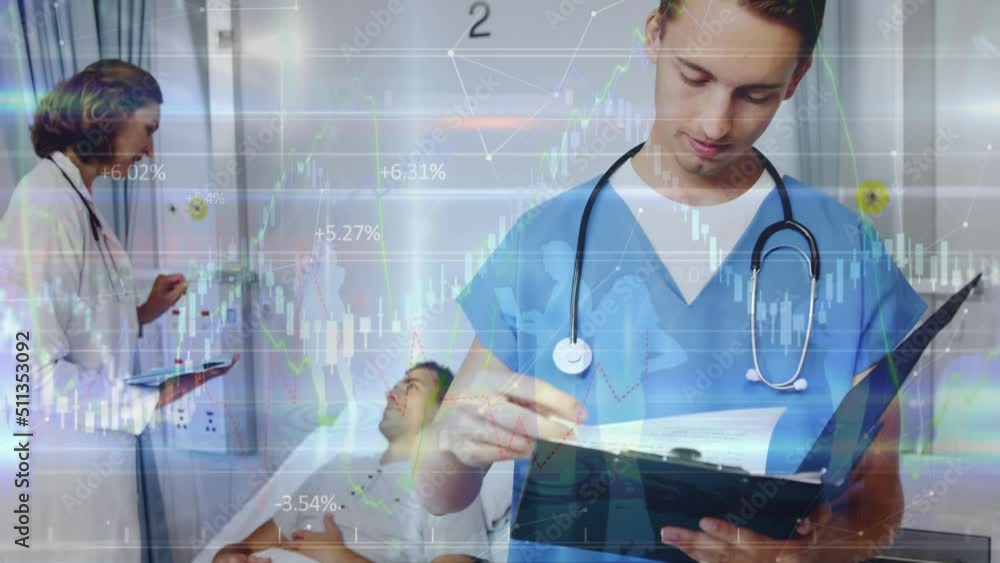 Poster animation of data processing over two diverse doctors with patient