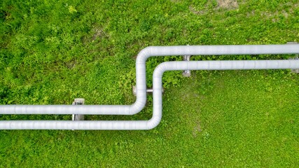 Aerial view of an industrial pipeline. Transportation of gaseous and liquid substances. Aboveground...