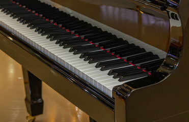 New open glossy piano with black and white keys
