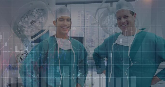 Animation of financial data processing over surgeons in operating theatre