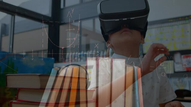 Animation of mathematical formulas over caucasian schoolboy wearing vr headset