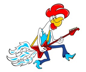 Cartoon cockerel defiantly performs music on the electric guitar. Cartoon rooster with a guitar. Funny cartoon rooster musician. Vector color illustration isolated on a white background.
