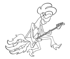 Cartoon cockerel defiantly performs music on the electric guitar. Cartoon rooster with a guitar. Vector contour illustration isolated on white background.