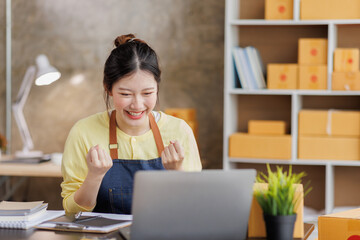 Startup SME small business entrepreneur of freelance Asian woman wearing apron using laptop and box...