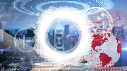 Animation of dna, rotating shapes, globe, molecules and cityscape - Powered by Adobe