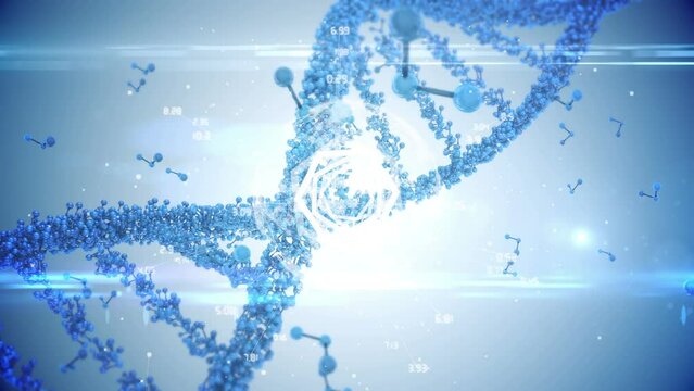 Animation of dna, molecules and data processing on blue background