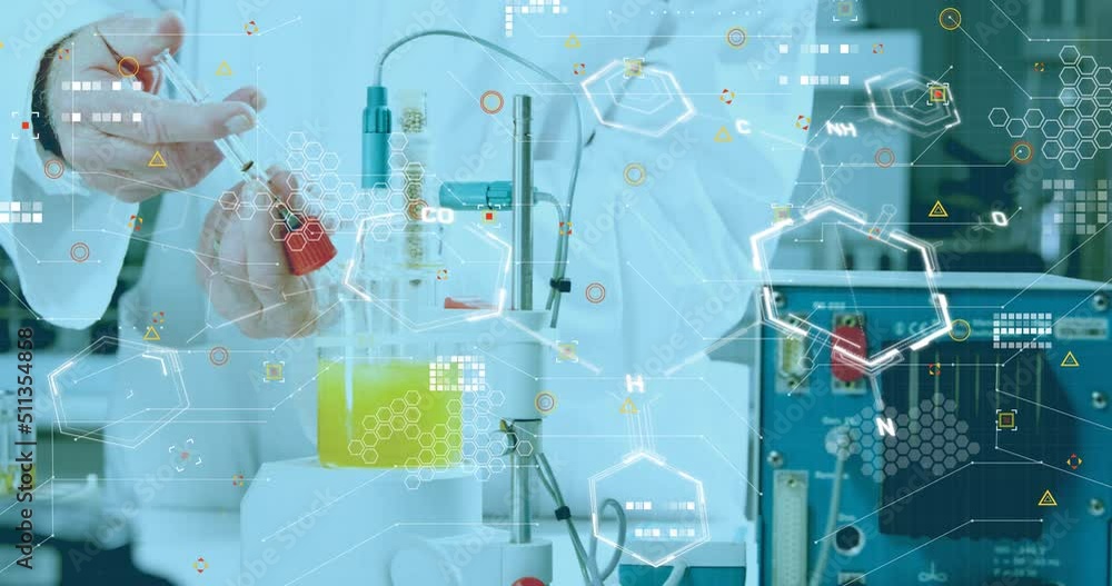 Poster animation of data processing over caucasian male scientist in lab