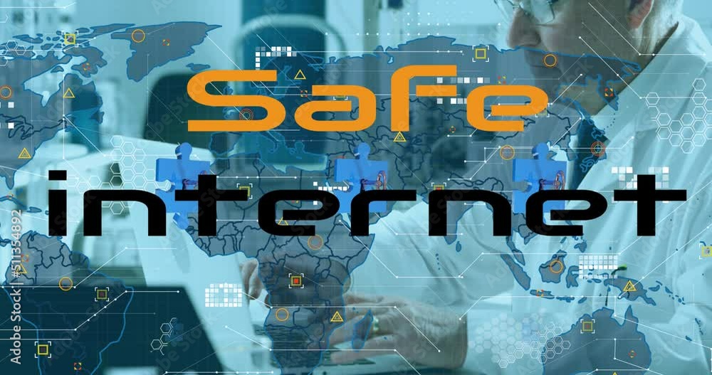 Poster animation of safe internet text and world map over caucasian male scientist in lab