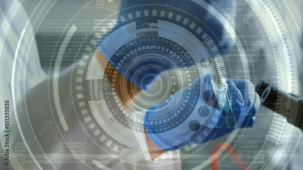 Poster animation of scope scanning and data processing over caucasian scientist in lab