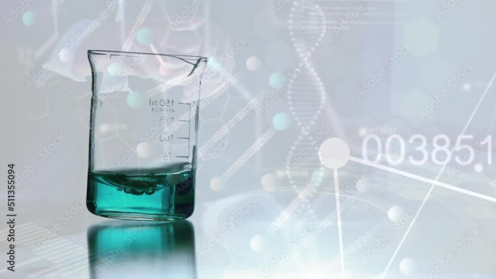 Poster animation of dna strand and data processing over beaker with liquid