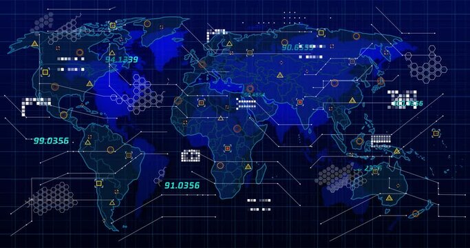 Animation of data processing over world map on black background