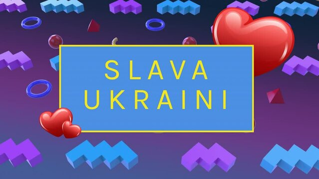 Animation of slava ukraini text over colorful shapes