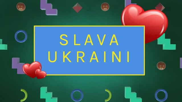 Animation of slava ukraini text over colorful shapes