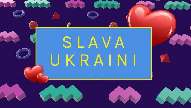 Animation of slava ukraini text over colorful shapes