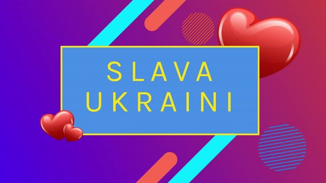 Animation of slava ukraini text over colorful shapes