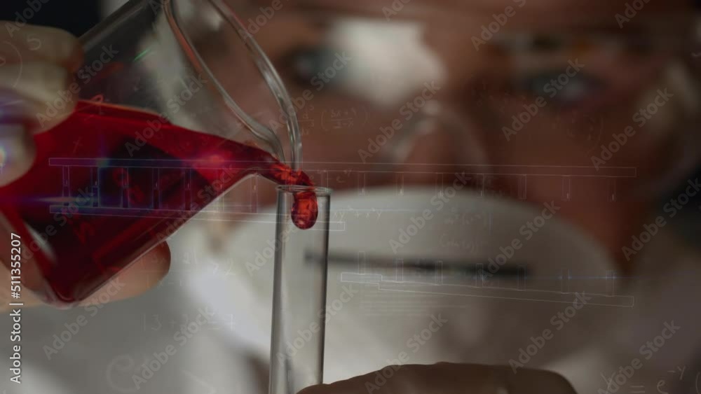 Poster animation of dna strand and data processing over caucasian female scientist in lab