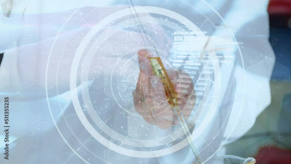 Poster animation of hands typing on keyboard and data processing over caucasian scientist in lab