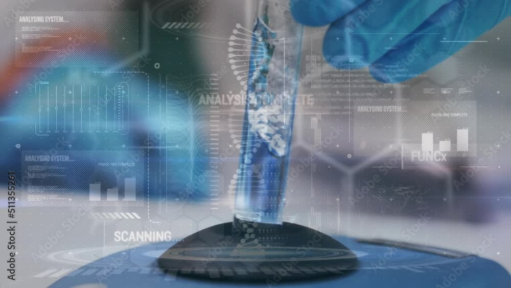 Poster animation of dna strand and data processing over caucasian scientist in lab