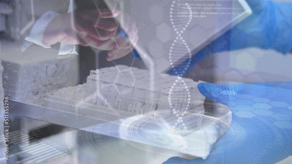 Poster animation of dna strand and data processing over caucasian scientist in lab