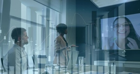 Animation of financial data processing over diverse business people in office - Powered by Adobe