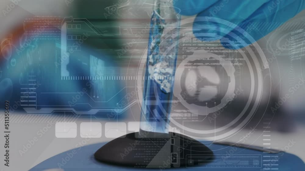 Poster animation of scope scanning and data processing over caucasian scientist in lab