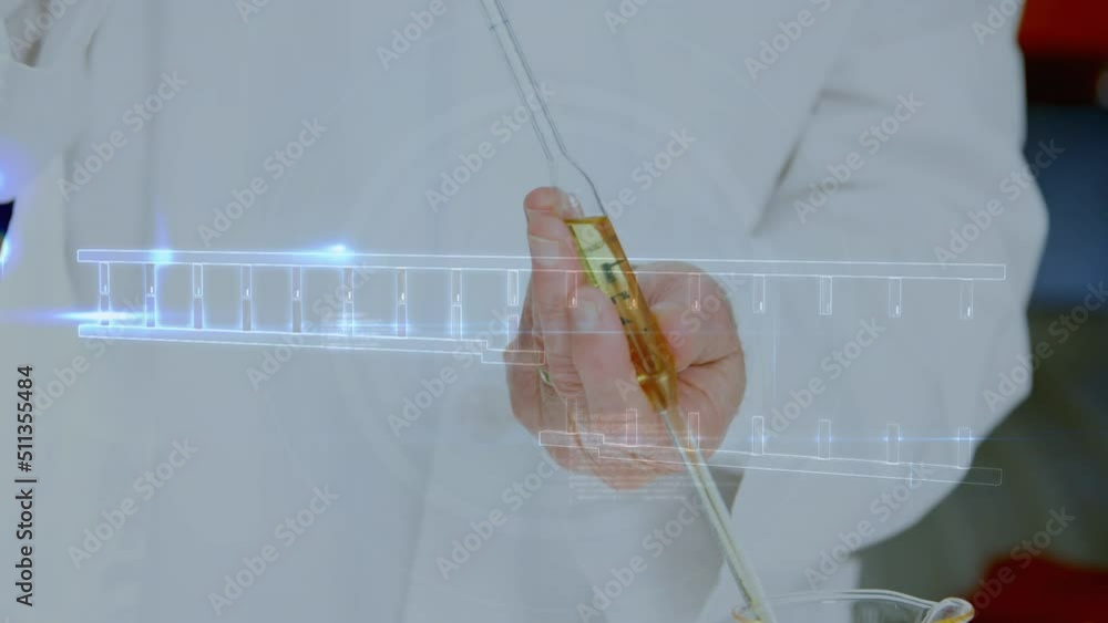 Poster animation of dna strand and data processing over caucasian scientist in lab