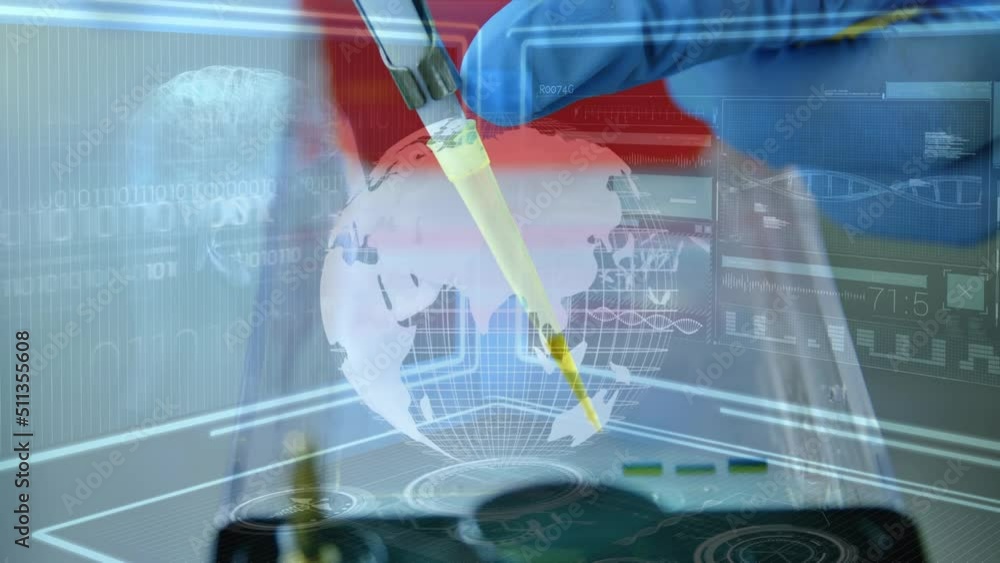 Poster animation of globe and data processing over caucasian scientist in lab